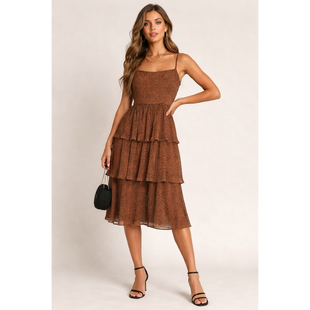 Mob Wife Leopard‎ Print Tiered Midi Dress Lined Flowy Boho L Empire Waist